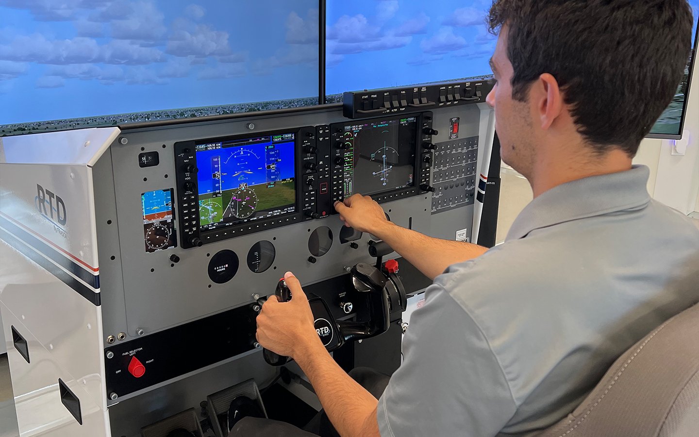 FRASCA simulator controls and instrument panel.